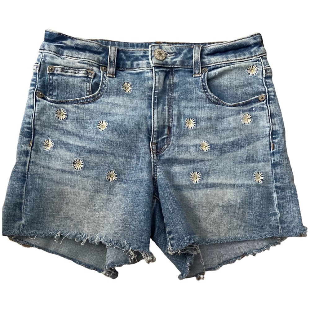 American Eagle Super Stretch Hi-Rise Shortie Daisy Embroidered Jean Shorts Sz 6
